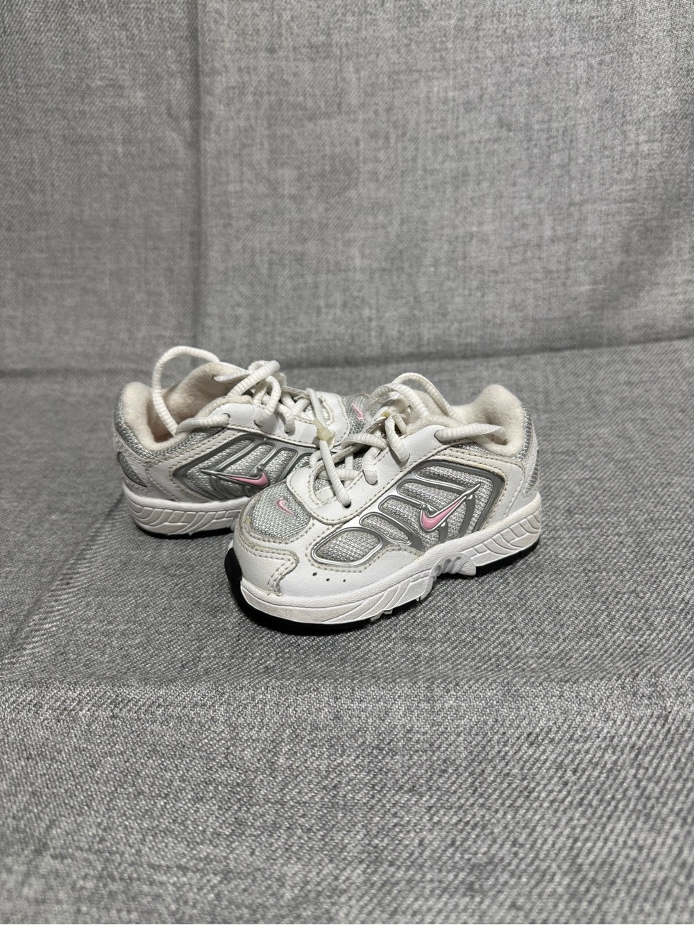 Nike Kids White and Light Gray Sneakers with Pink Swoosh